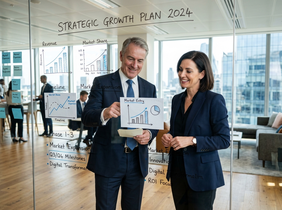 GautamManthan business consultant and client standing shoulder-to-shoulder reviewing growth strategy blueprints